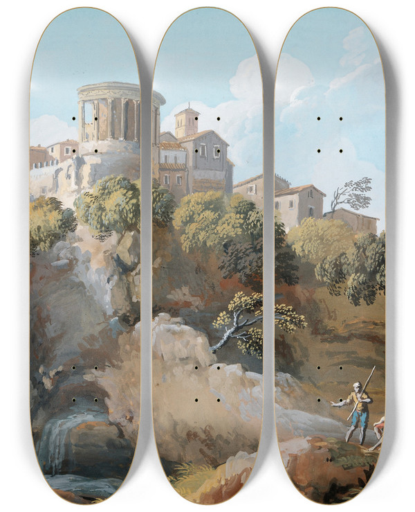 Triptych art skateboard deck of Giovanni Battista Busiri The Temple Of Vesta Tivoli by Giovanni Battista Busiri (1698-1757)