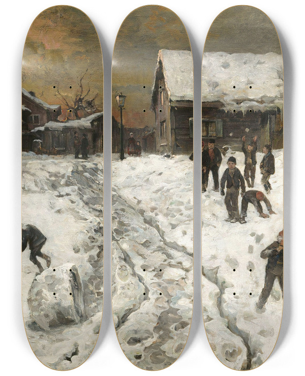 Triptych art skateboard deck of Gerhard Munthe Throwing Snowballs by Gerhard Munthe (1849-1929)