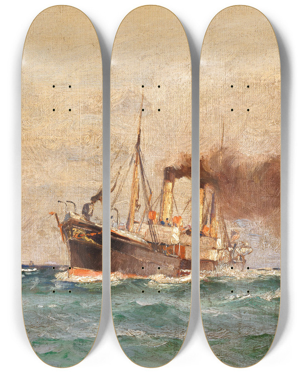 Triptych art skateboard deck of Leonhard Sandrock Dampffischkutter Auf Hoher See by Leonhard Sandrock (1867-1945)