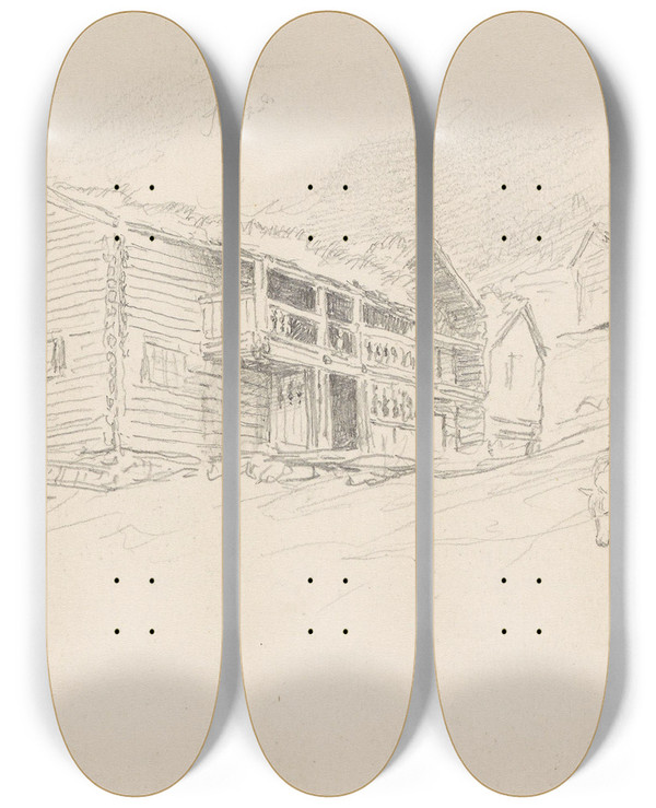 Triptych art skateboard deck of Hans Gude Grd Gudbrandsdalen by Hans Gude (1825-1903)