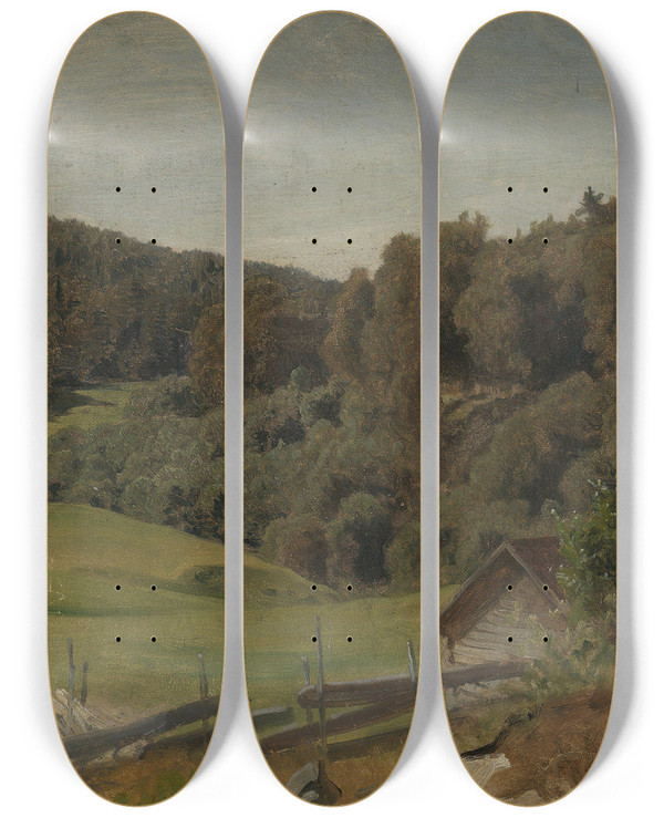 Triptych art skateboard deck of Hans Gude Landscape At Ljan by Hans Gude (1825-1903)