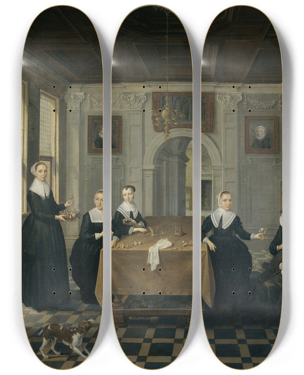 Triptych art skateboard deck of Dirck Van Delen Five Ladies In An Interior by Dirck Van Delen (1604-1671)