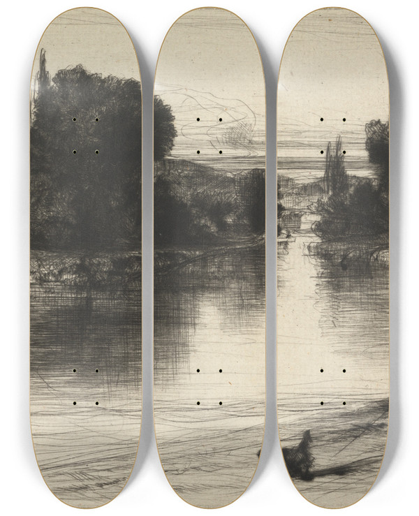 Triptych art skateboard deck of Francis Seymour Haden The Towing Path by Francis Seymour Haden (1818-1910)