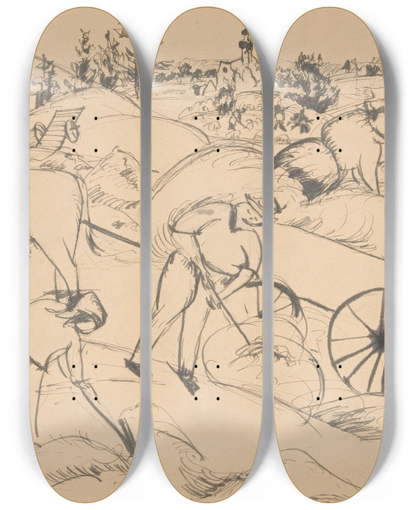 Triptych art skateboard deck of Dora Bromberger Harvesting by Dora Bromberger (1881-1942)