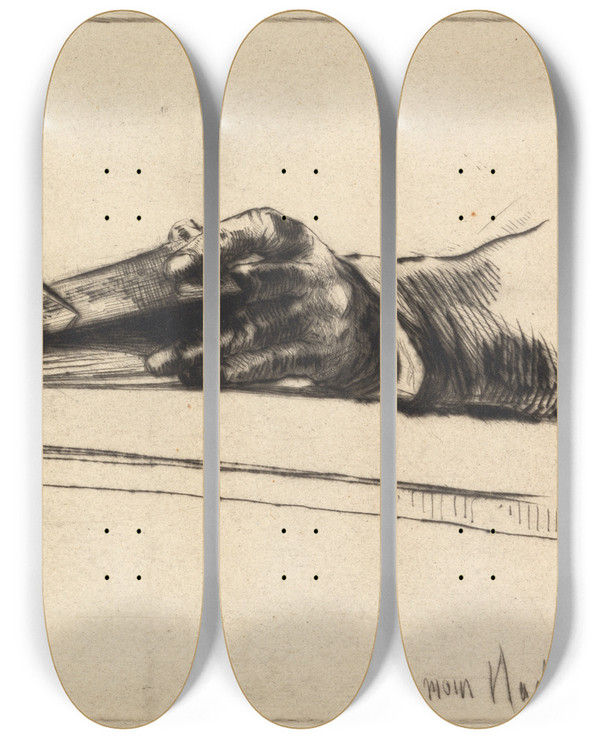 Triptych art skateboard deck of Francis Seymour Haden Hands Drypointing by Francis Seymour Haden (1818-1910)
