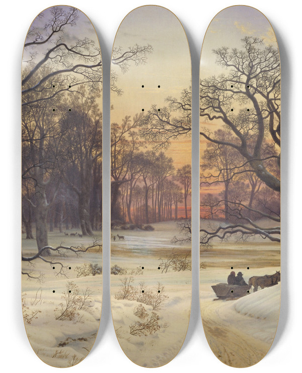Triptych art skateboard deck of Vilhelm Kyhn Winter Night In A Forest by Vilhelm Kyhn (1819-1903)