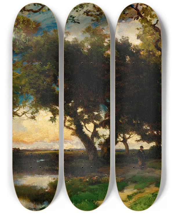 Triptych art skateboard deck of Thomas Moran Under The Trees by Thomas Moran (1837-1926)