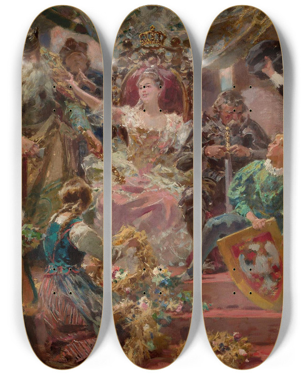 Triptych art skateboard deck of Zdzisaw Jasiski Allegory Of The Capital Cities Of Poland by Zdzislaw Jasinski (1863-1932)