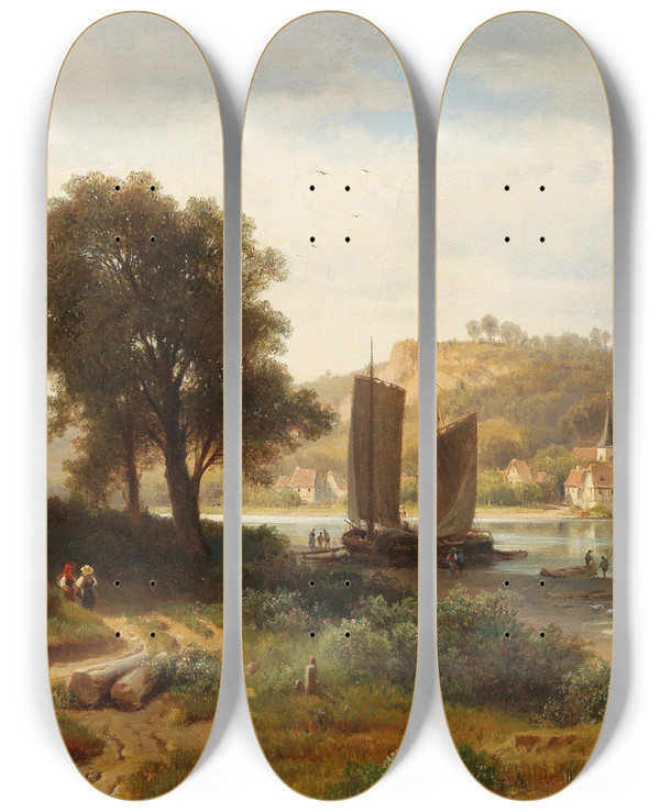 Triptych art skateboard deck of Ludwig Halauska Village On The Main Near Wrzburg by Ludwig Halauska (1827-1882)