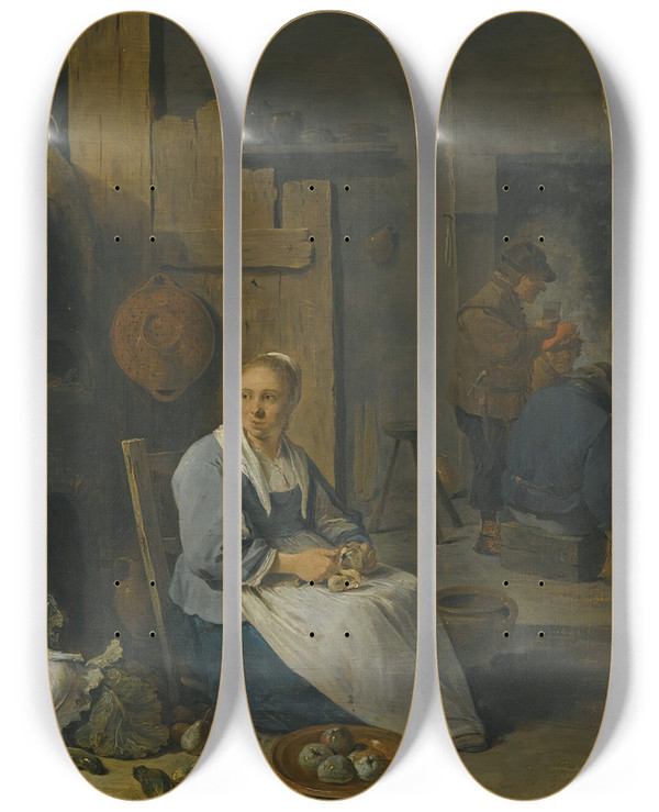 Triptych art skateboard deck of David Teniers The Younger A Barn Interior With A Maid Preparing Vegetables by David Teniers The Younger (1610-1690)