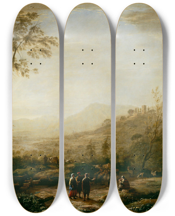 Triptych art skateboard deck of Claude Lorrain Sunrise_2 by Claude Lorrain (1604-1682)