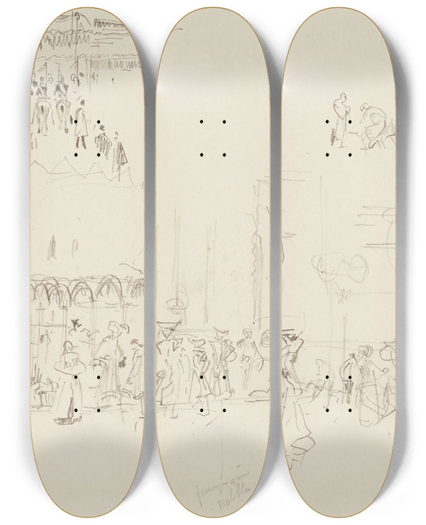 Triptych art skateboard deck of Frdric Houbron Personnages Et Calches Sur Un Boulevard by Frederic Houbron (1851-1908)