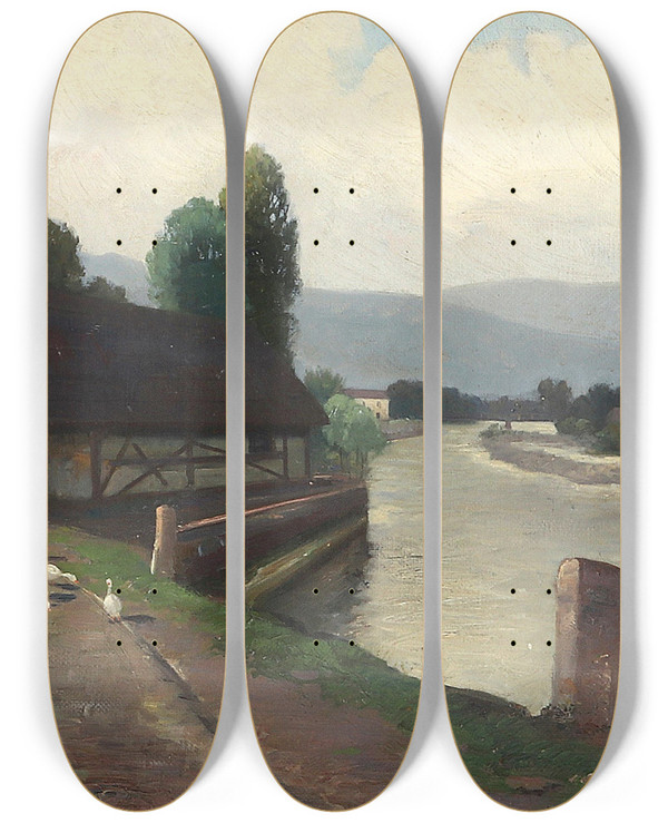 Triptych art skateboard deck of Franz Demel Flulandschaft Mit Gnseliesl by Franz Demel (1878-1947)