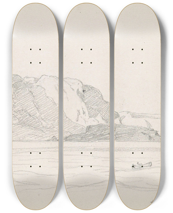 Triptych art skateboard deck of Hans Gude Kysten Ved Farsund by Hans Gude (1825-1903)