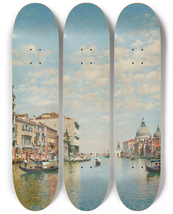 Triptych art skateboard deck of Federico Del Campo Gondoliers On The Grand Canal Venice by Federico del Campo (1837-1923)