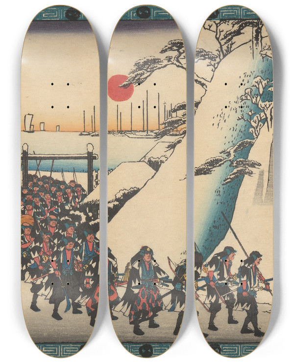 Triptych art skateboard deck of And Hiroshige Army Rounding Hill In Snow by Ando Hiroshige (1797-1858)