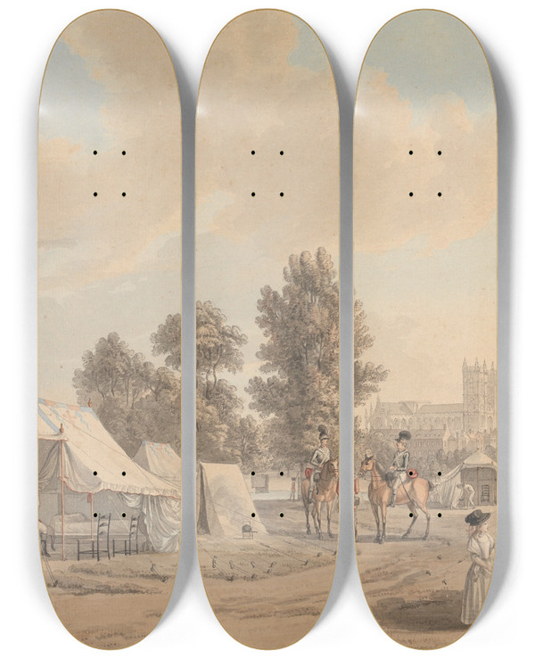 Triptych art skateboard deck of Paul Sandby An Encampment In St James Park by Paul Sandby (1731-1809)