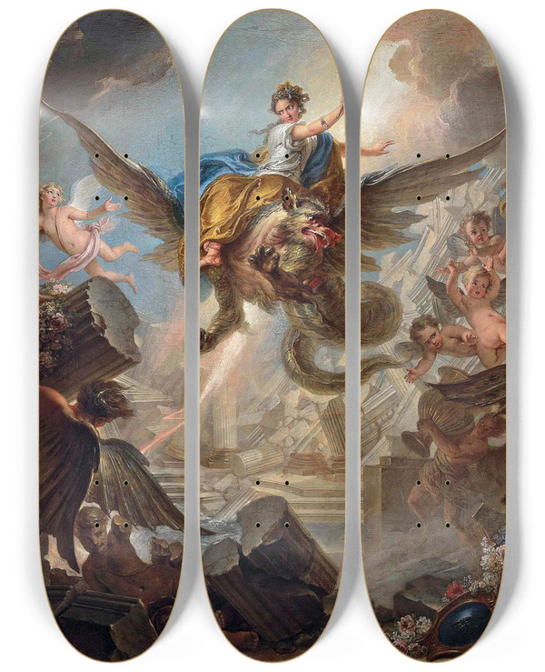 Triptych art skateboard deck of Charlesantoine Coypel The Destruction Of The Palace Of Armida by Charles-Antoine Coypel (1694-1752)