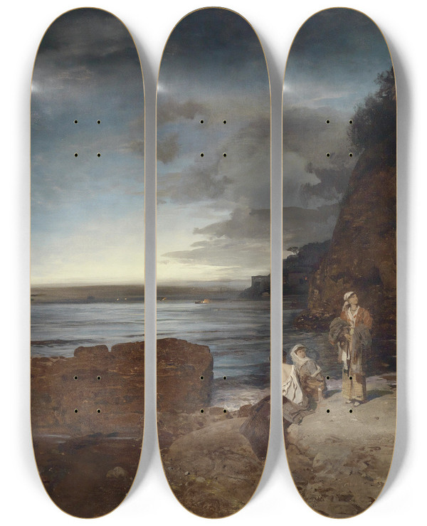 Triptych art skateboard deck of Oswald Achenbach Abend An Der Kste by Oswald Achenbach (1827-1905)