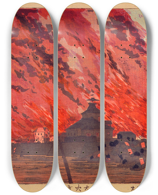 Triptych art skateboard deck of Kobayashi Kiyochika The Great Fire At Rygoku Bridge Viewed From Asakusa Bridge On The 26Th Of January 1881 by Kobayashi Kiyochika (1847-1915)