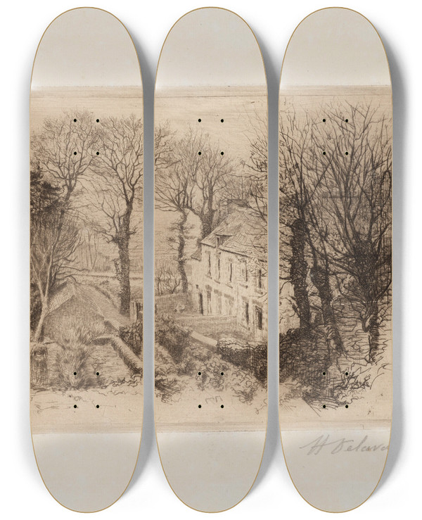 Triptych art skateboard deck of Henri Delavalle Maison De Pcheurs by Henri Delavallee (1862-1943)