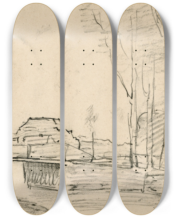 Triptych art skateboard deck of Adolf Le Comte Bruggetje Over Een Vaart En Bomenrij by Adolf Le Comte (1850-1921)