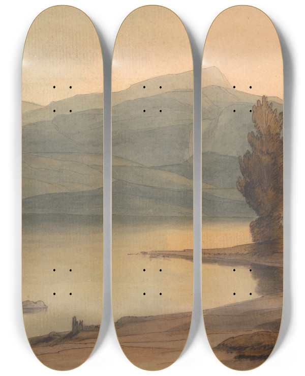 Triptych art skateboard deck of Francis Towne Windermere At Sunset by Francis Towne (1739-1816)