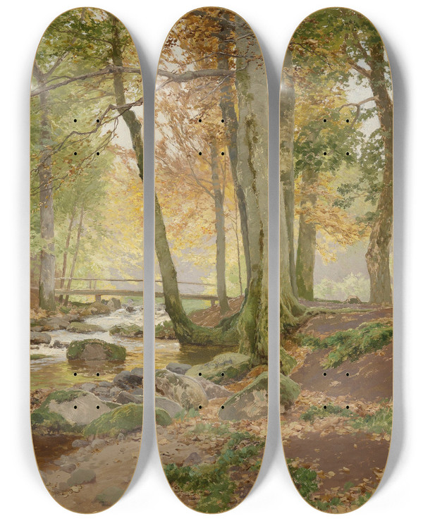 Triptych art skateboard deck of Heinrich Bhmer Waldlandschaft by Heinrich Bohmer (1852-1930)
