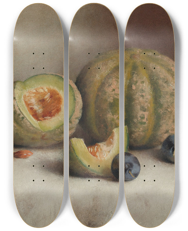Triptych art skateboard deck of Joseph Decker Still Life With Plums And Melons by Joseph Decker (1853-1924)