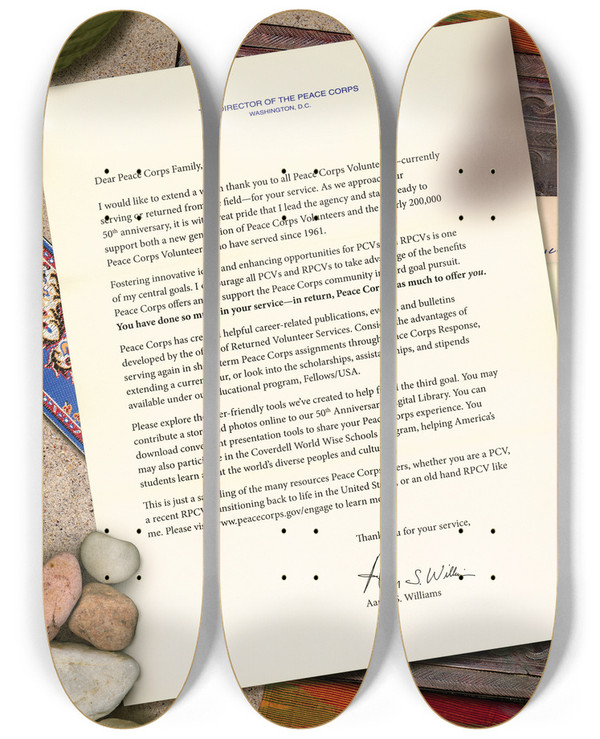 Triptych art skateboard deck of Peace Corps Worldview Ad June Summer 2010_1 by Peace Corps (20-)