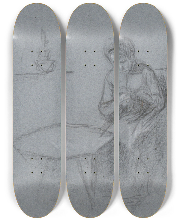 Triptych art skateboard deck of Jan Veth Handwerkende Vrouw Aan Een Tafel by Jan Veth (1864-1925)