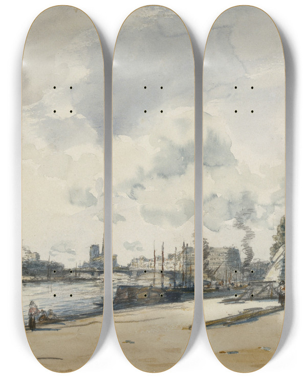 Triptych art skateboard deck of Frank Myers Boggs Les Bords De La Seine Et Le Pont De Sully by Frank Myers Boggs (1855-1926)