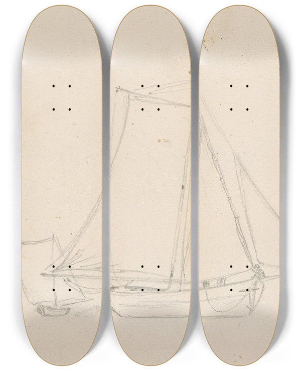 Triptych art skateboard deck of Hans Gude Studier Av Jagt_2 by Hans Gude (1825-1903)