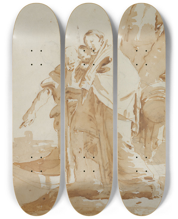 Triptych art skateboard deck of Giovanni Battista Tiepolo Flight Into Egypt The Embarkment Of The Holy Family by Giovanni Battista Tiepolo (1696-1770)