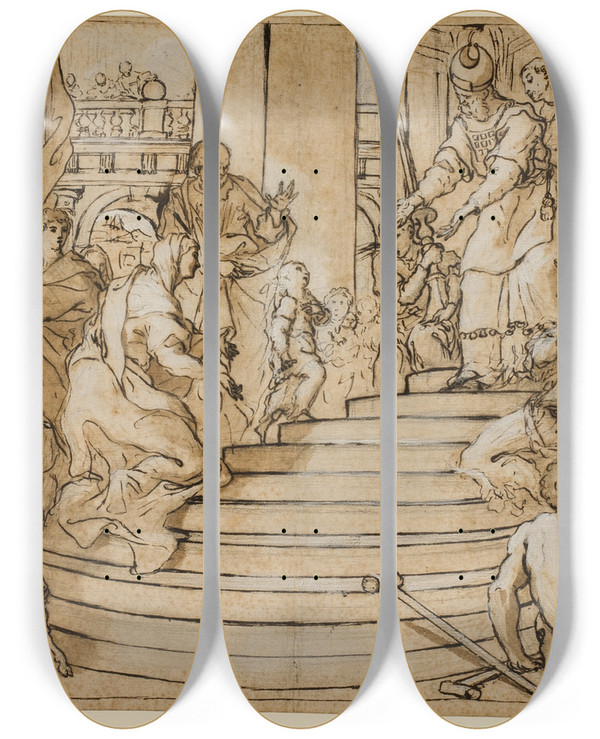 Triptych art skateboard deck of Antonio Balestra Prsentationen Af Jomfru Maria I Templet by Antonio Balestra (1666-1740)
