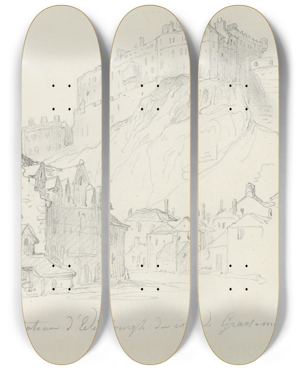 Triptych art skateboard deck of Nicaise De Keyser Edinburgh Castle Seen From Grassmarket by Nicaise De Keyser (1813-1887)