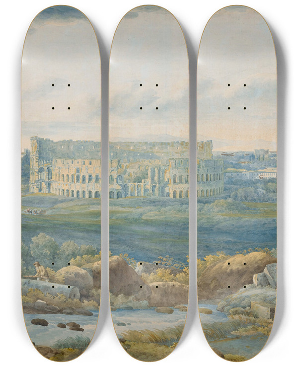 Triptych art skateboard deck of Abrahamlouisrodolphe Ducros An Extensive View Of The Colosseum And The Arch Of Constantine With Figures In The Foreground by Abraham-Louis-Rodolphe Ducros (1748-1810)
