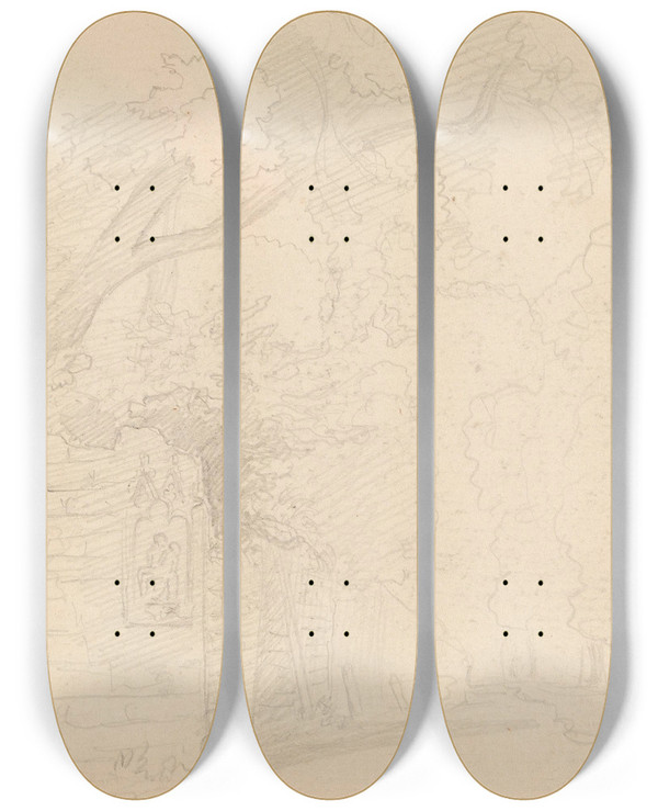 Triptych art skateboard deck of Hans Gude Gate Med Trr Og Hagemur by Hans Gude (1825-1903)