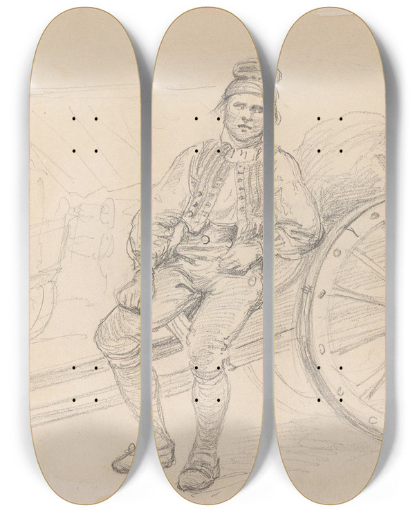 Triptych art skateboard deck of Adolph Tidemand Mannsfigur Og Kjerre Ppelbo by Adolph Tidemand (1814-1876)