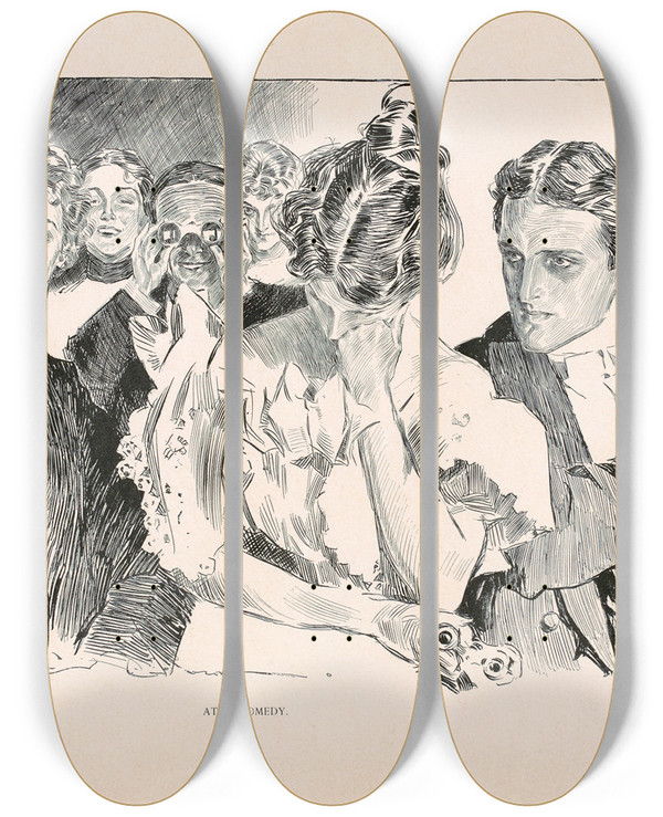 Triptych art skateboard deck of Charles Dana Gibson At A Comedy_1 by Charles Dana Gibson (1867-1944)