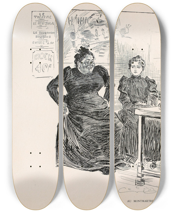 Triptych art skateboard deck of Charles Dana Gibson Au Montmartre_1 by Charles Dana Gibson (1867-1944)