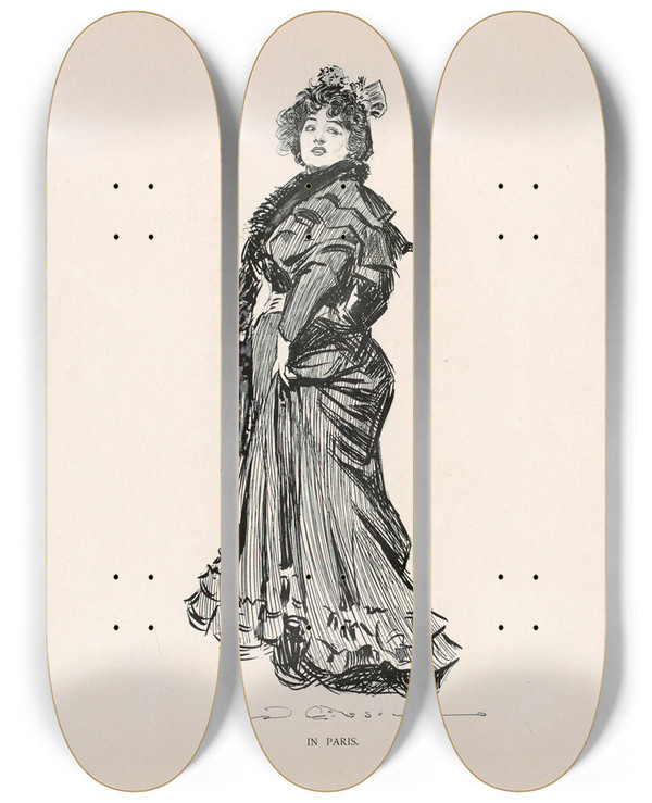 Triptych art skateboard deck of Charles Dana Gibson In Paris_1 by Charles Dana Gibson (1867-1944)