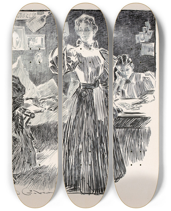 Triptych art skateboard deck of Charles Dana Gibson School Girls_1 by Charles Dana Gibson (1867-1944)