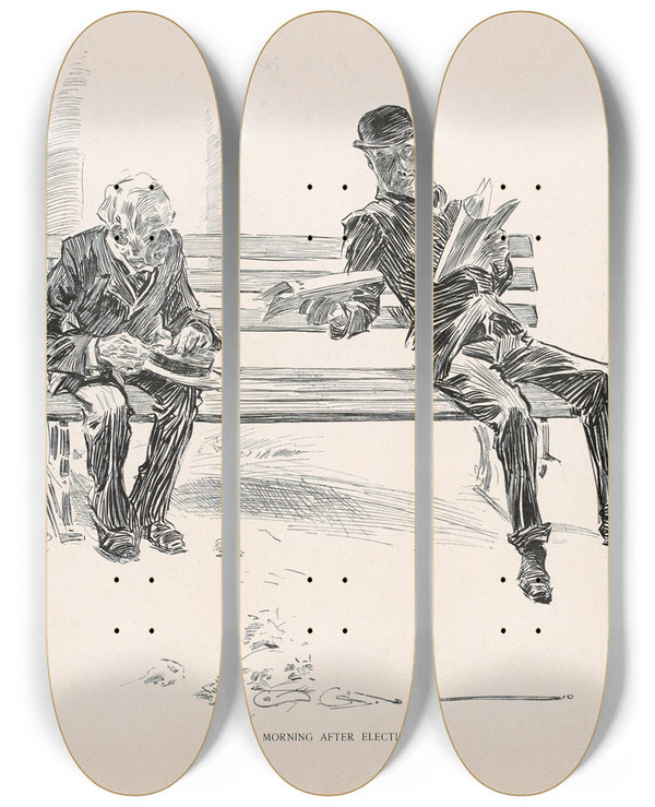 Triptych art skateboard deck of Charles Dana Gibson The Morning After Election Day_1 by Charles Dana Gibson (1867-1944)