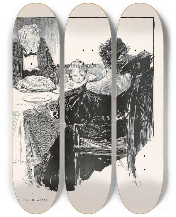 Triptych art skateboard deck of Charles Dana Gibson What Does He Want_1 by Charles Dana Gibson (1867-1944)