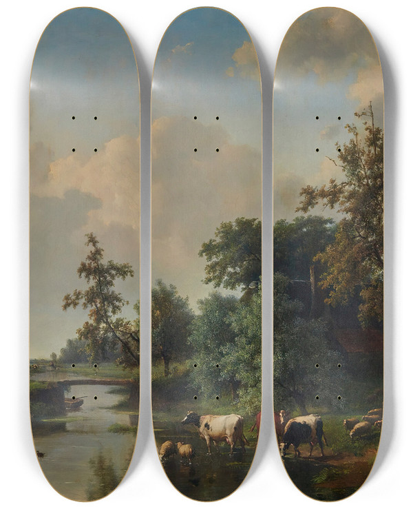 Triptych art skateboard deck of Eugne Joseph Verboeckhoven Farm Animals By A Stream by Eugene Joseph Verboeckhoven (1798-1881)