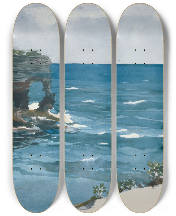 Triptych art skateboard deck of Winslow Homer Rocky Shore Bermuda by Winslow Homer (1836-1910)