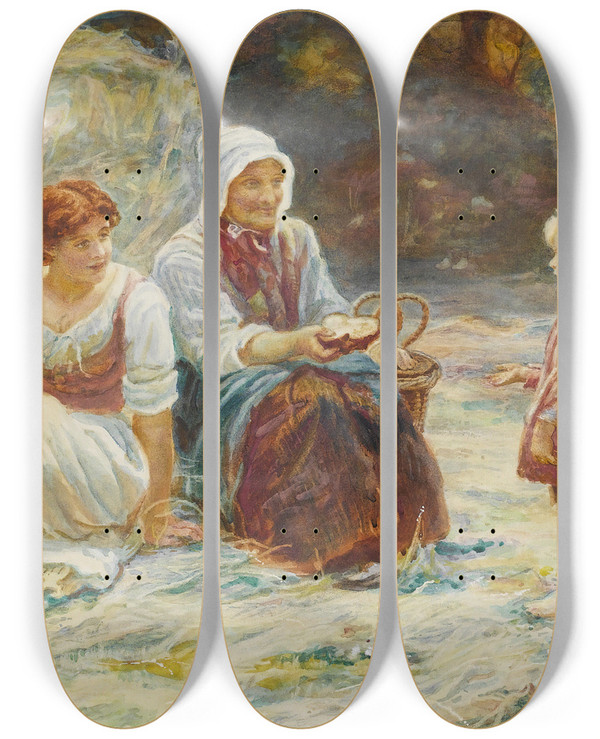 Triptych art skateboard deck of Frederick Morgan Midday Rest by Frederick Morgan (1847-1927)