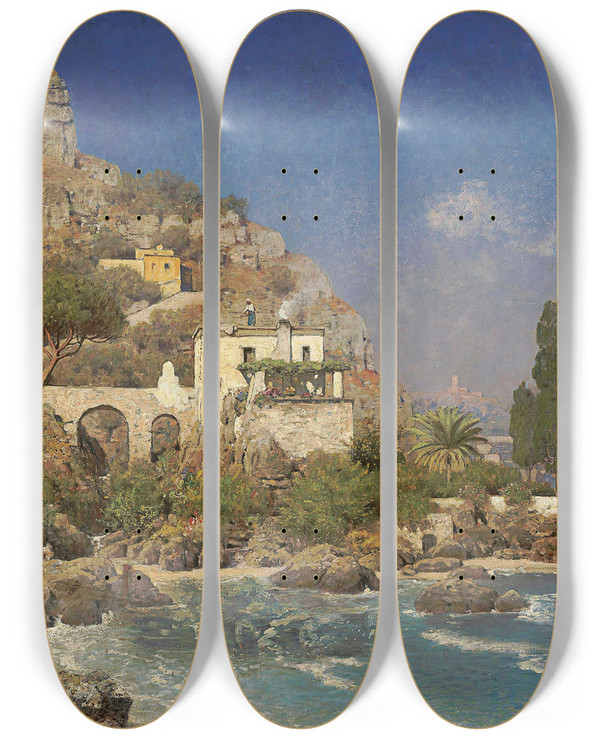 Triptych art skateboard deck of Edmund Berninger A View Of The Amalfi Coast by Edmund Berninger (1843-1910)
