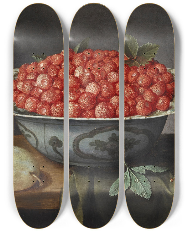 Triptych art skateboard deck of Jacob Van Hulsdonck Wild Strawberries In A Delftware Bowl by Jacob Van Hulsdonck (1582-1647)